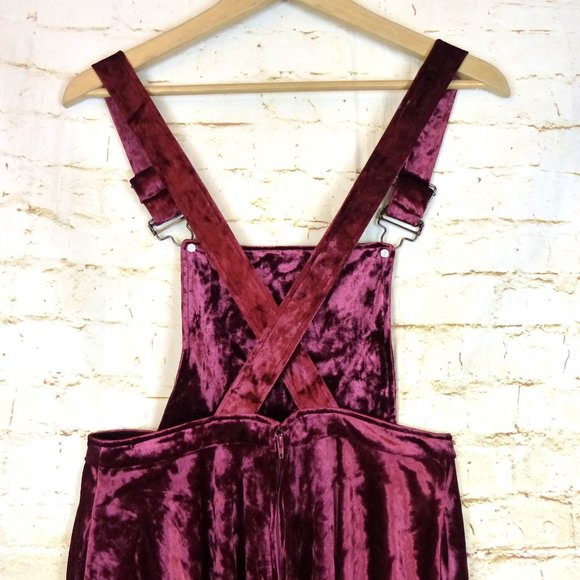 Hot Topic Crushed Velvet Jumper Overall Dress Women S Burgundy Skirtall Pinafore - Picture 10 of 14